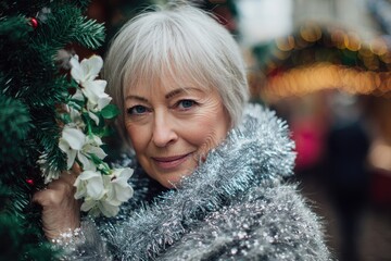 Portrait of an older woman adorned with tinsel and Christmas blooms at an outdoor fair
