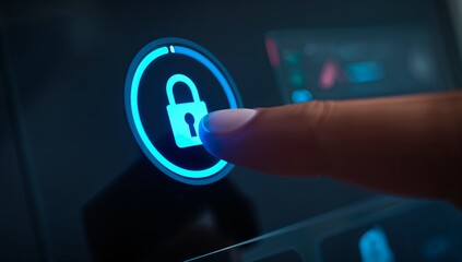 Finger pressing neon blue padlock icon on dark digital security screen