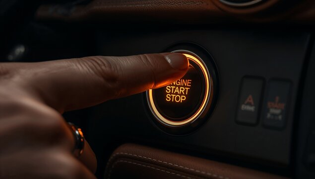 Driver pressing glowing engine start stop ignition button in vehicle dashboard