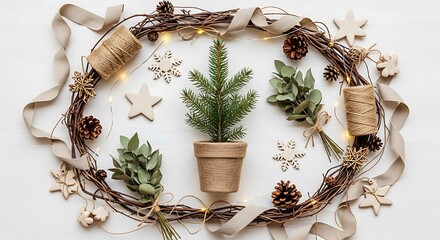 A rustic Christmas wreath arrangement featuring a small potted evergreen tree, pinecones, dried foliage, and wooden star ornaments.