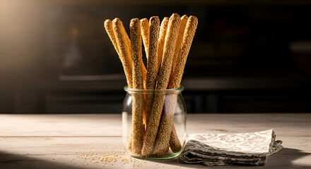 Close-up of sesame breadsticks in a jar with a napkin on a rustic wooden table