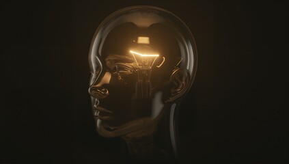 Profile of a glowing light bulb inside a translucent human head render