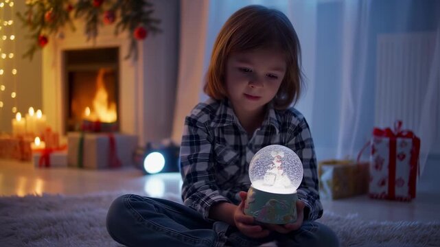 Little girl holding a glowing snow globe in a festive Christmas setting.