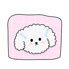 Fluffy White Dog with Blue Bows on Pink Checkered Blanket, Cartoon Style