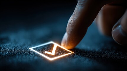 A person's finger presses on an illuminated check mark within a digital interface. ..Created with Generative AI, not depicting real subjects.