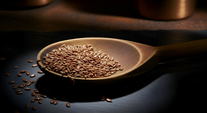 Close-up of flax seeds in a wooden spoon, perfect for healthy eating concepts