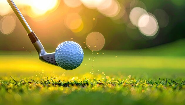 Close Up Of A Golf Club Making Contact With A Golf Ball On A Lush Green Golf Course During A Sunny Day With Soft Golden Light And Motion Blur