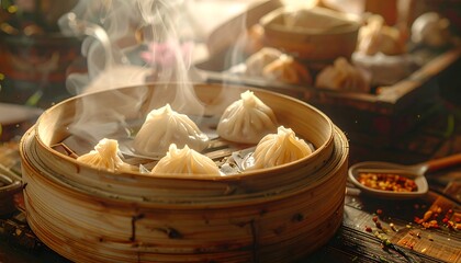 A steaming bamboo steamer filled with savory dumplings, shot in a rustic setting. Other dumplings are visible, with soft lighting creating warmth