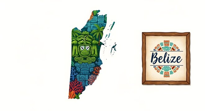 Stylized vector map of Belize featuring a cultural Mayan mask and indigenous art, with a decorative country name emblem