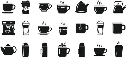 Collection of various coffee and tea cups mugs and kettles in black silhouette isolated on transparent background