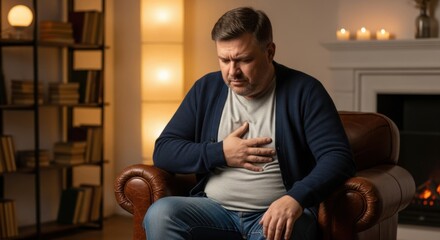 Overweight middle aged man suffering from acute chest pain while sitting in a cozy living room