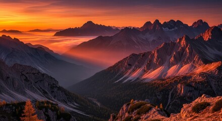 Majestic mountain range at vibrant sunset with dramatic light and misty valleys