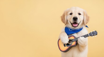Fluffy golden retriever puppy wearing a blue bandana playing a small acoustic guitar