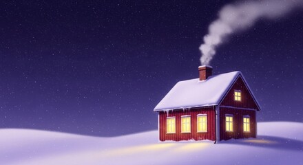 Cozy red house with snow covered roof and glowing windows under a starry winter night