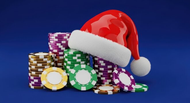 Festive christmas casino scene with a red santa hat resting on colorful poker chips