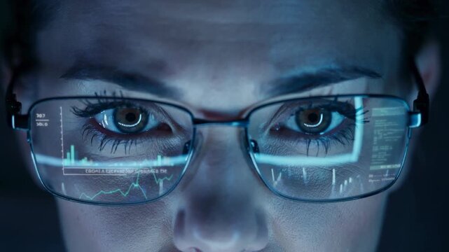 a woman with glasses and a white coat. It is located in front of a computer monitor that displays graphs, diagrams, and lines of blue code. The light from the monitor is reflected on the woman's face,