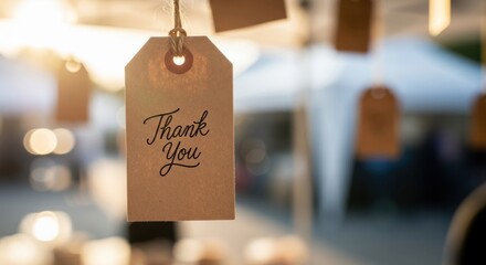 Rustic kraft paper thank you tag with handwritten text, hanging in bright outdoor light