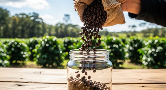 Close up of hand pouring roasted coffee beans from burlap sack into glass jar on coffee farm - Powered by Adobe
