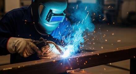 Professional welder working in an industrial setting, creating bright sparks while joining metal