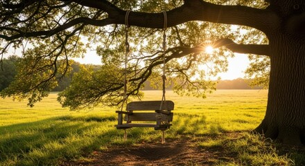 Vintage wooden swing hanging from a majestic oak tree branch at golden hour in a serene field
