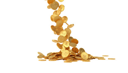 falling shiny gold coins white background isolated on white background