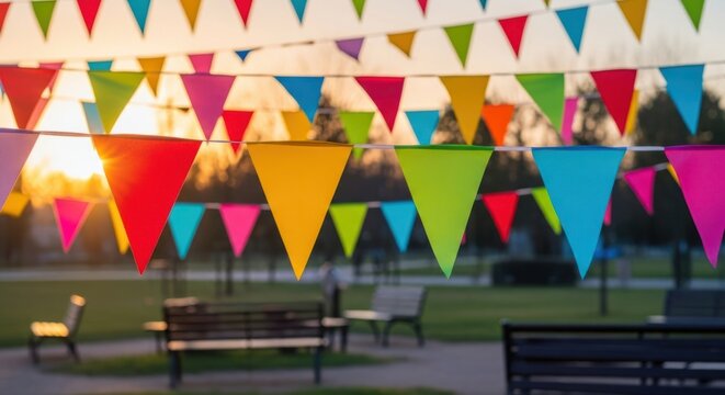 Vibrant colorful triangular bunting flags strung across multiple lines in a park at sunset