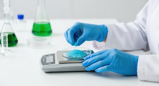Scientist in blue gloves weighing blue chemical substance on digital scale in lab