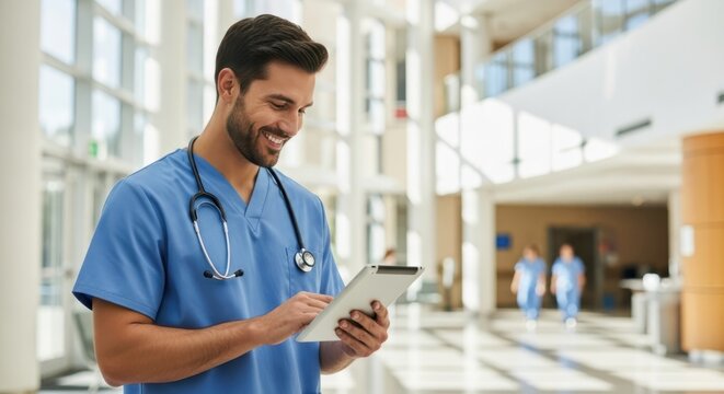 Smiling male nurse in blue scrubs using a digital tablet in a modern hospital lobby