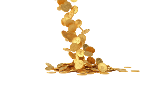 falling shiny gold coins white background isolated on white background - Powered by Adobe