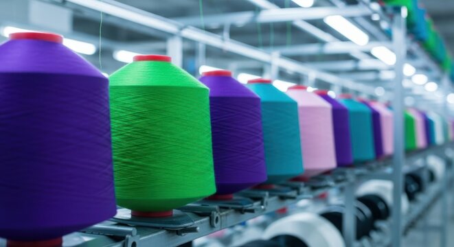 Row of vibrant colorful thread spools in a textile factory for industrial production