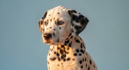 Adorable young dalmatian puppy with striking blue eyes and black spots sitting calmly