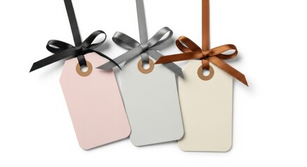 Three blank gift tags with elegant ribbons, ready for personalized messages or pricing