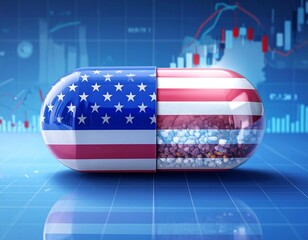 American flag capsule against financial charts — red, white, and blue