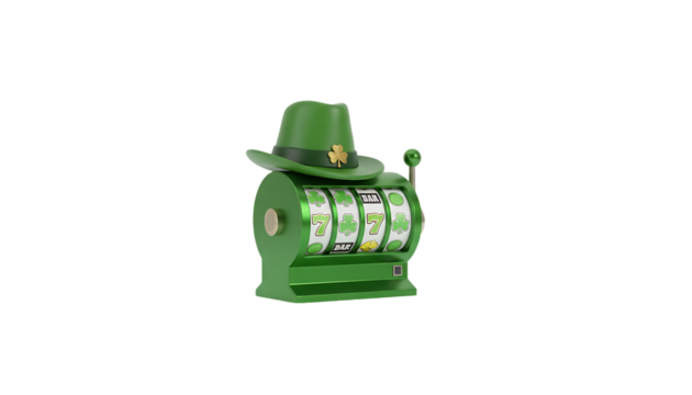 green 3d casino slots reel with green hat ontop white background isolated on white background
