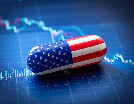 American flag capsule against financial charts — red, white, and blue