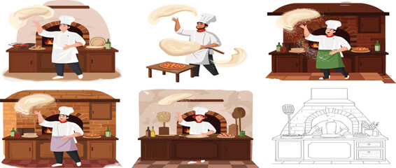 Chefs making pizza, tossing dough, preparing ingredients, cooking in kitchen, wood-fired oven, culinary art, , food preparation, teamwork