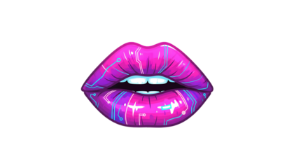 isolated lips icon bright neon cyberpunk lips illustration on white background brightly coloured pink and purple abstract lips isolated on white background