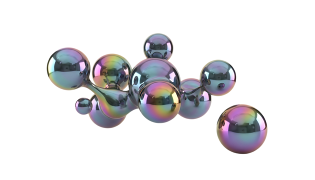 iridescent chrome 3d shiny metallic metaball sphere objects on white background isolated on white background