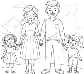Happy Family Holding Hands - Line Art Illustration, Family, Parenting, Kids Activity, Coloring Page, Love