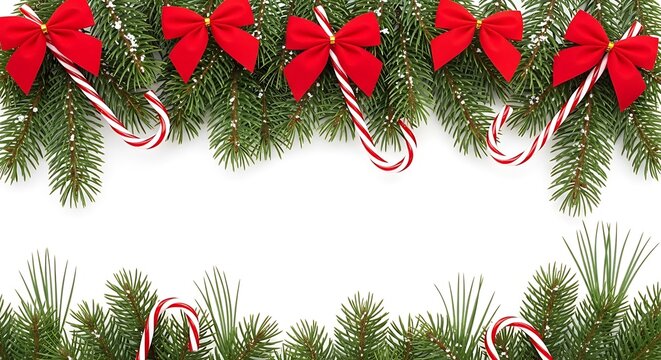 A festive Christmas garland made of green fir branches adorned with red bows and candy canes, framing a white background.