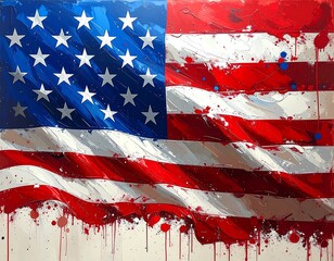 American flag in expressive paint splashes — red, white