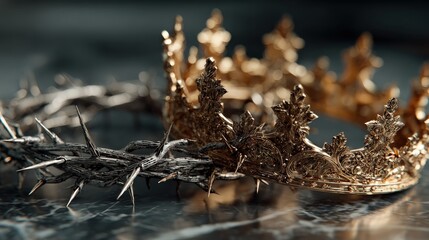 A contrast of regality: golden crown next to crown of thorns. symbolising power and sacrifice. ..Created with Generative AI, not depicting real subjects.