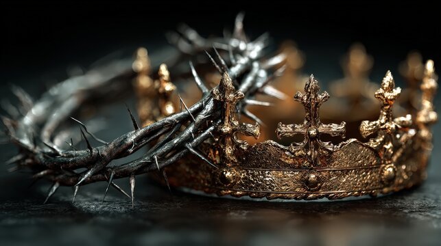 A juxtaposition of power and suffering in this image, where a regal gold crown rests alongside a crown of thorns. ..Created with Generative AI, not depicting real subjects.