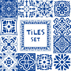 Set of tiles Azulejos in blue, white. Original traditional Portuguese and Spain decor. Seamless patchwork tile with Victorian motives. Ceramic tile in talavera style. Gaudi mosaic. Vector