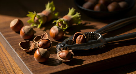 Close-up of hazelnuts and a nutcracker on a wooden board with a shallow depth of field