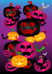 Halloween pumpkin, Jack O' Lantern and bat background wallpaper with gradient colors.