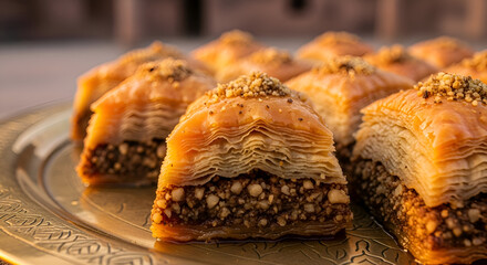 Close-up shot of golden baklava pastries on a decorative plate, delicious dessert