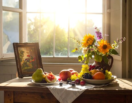 A still life featuring fruit, flowers, and a painting on a wooden table near a sunlit window - Powered by Adobe
