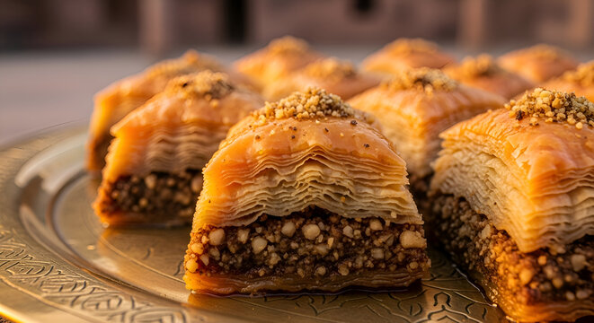 Close-up shot of golden baklava pastries on a decorative plate, delicious dessert