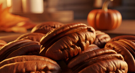 Close-up shot of pecan nuts with a pumpkin, a cozy autumnal and fall-themed scene